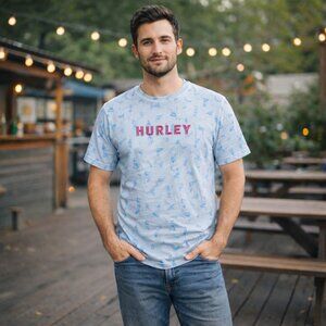 Hurley Men's White and Blue Graphic T-Shirt, Size Medium